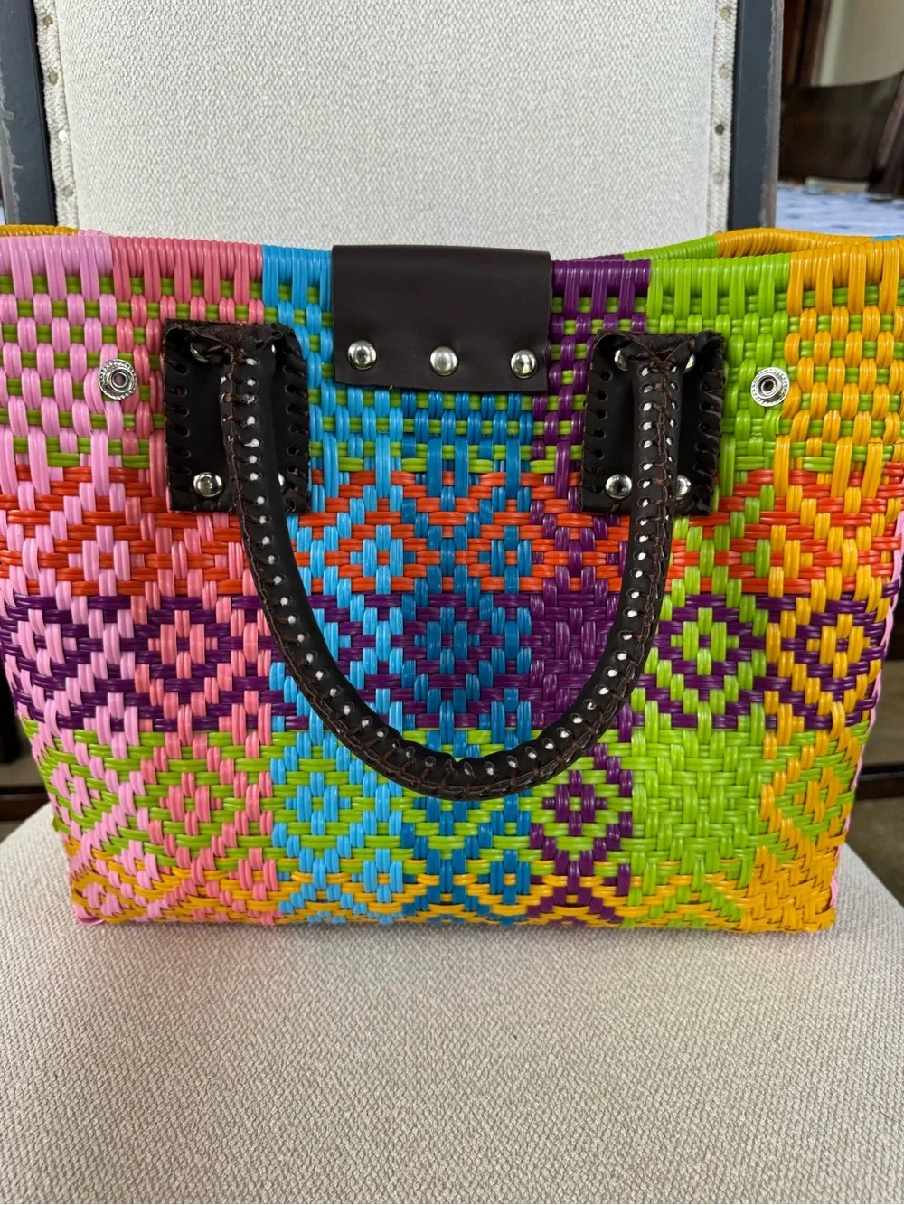 Artisan Woven Tote Bag multicolor with Dark Brown Handles - Picture 6 of 7